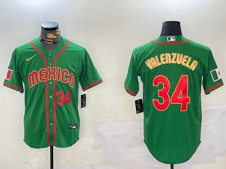 Men%27s Mexico Baseball #34 Fernando Valenzuela Number 2023 Green Gold World Classic Stitched Jersey